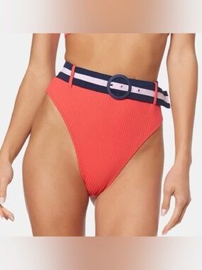 JESSICA SIMPSON Retro High-Waist Ribbed Belted Bikini Bottom